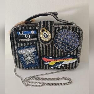 Handmade Beaded Travel Motif Crossbody Bag – Globe, Airplane & Passport Design